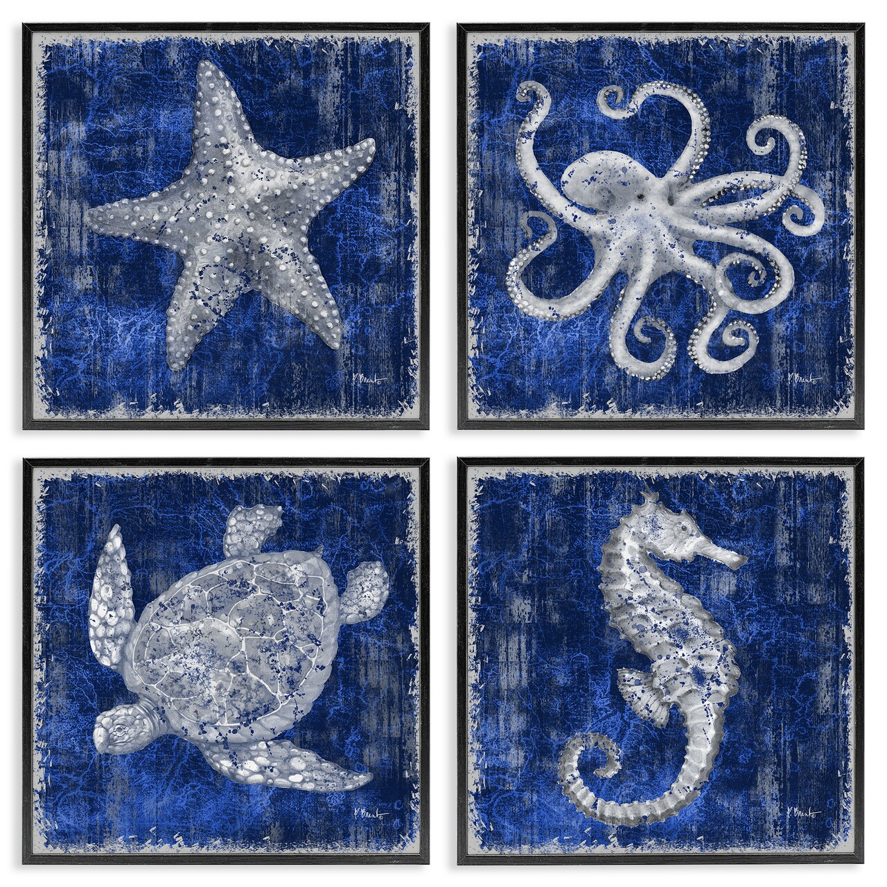 Stupell Industries Sea Life on Abstract Blue 4pc Framed Giclee Wall Art Set Design by Paul Brent
